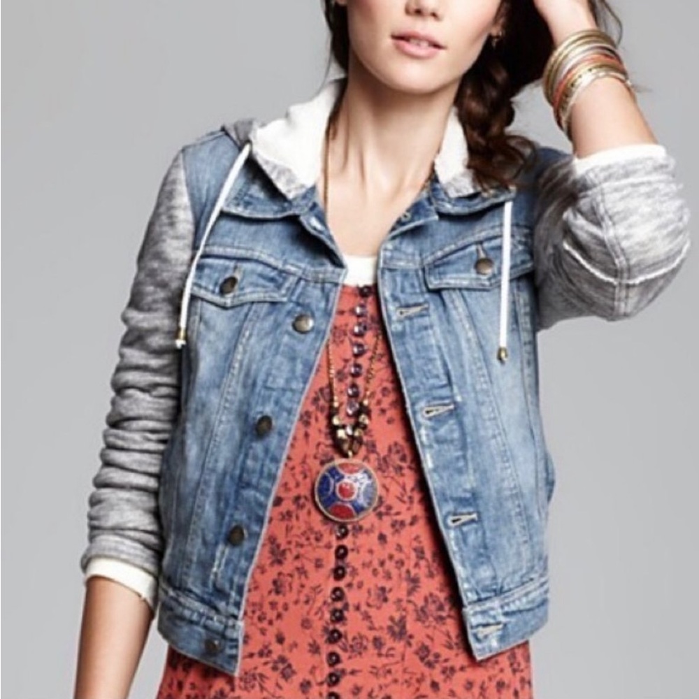 Free People Distressed Denim & Knit Sweater Jacket French Terry Gray Medium NEW